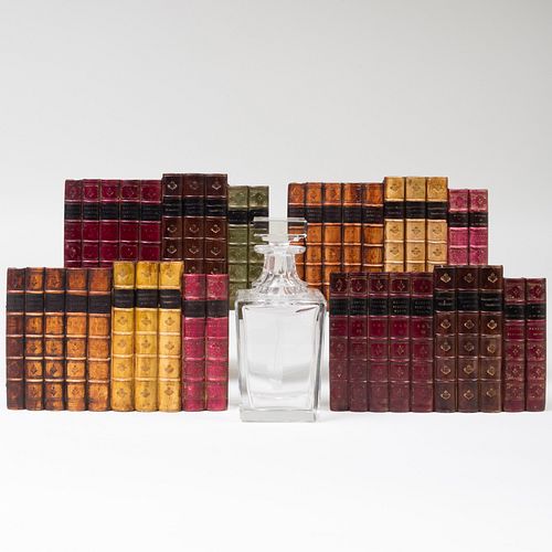 Two Pairs of Composite Faux Binding Bookends and a Cut Glass Decanter and Stopper