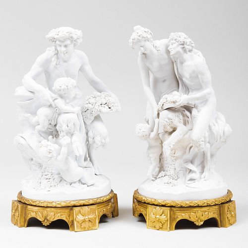 Pair of Continental Biscuit Mythological Figure Groups, After Clodion