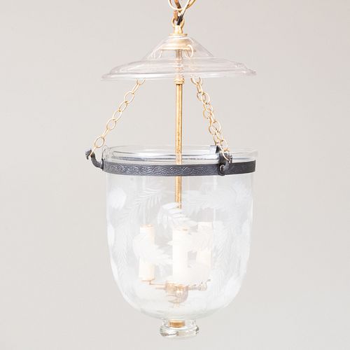 Gilt-Metal and Etched Glass Three-Light Bell-Shaped Lantern and Cover