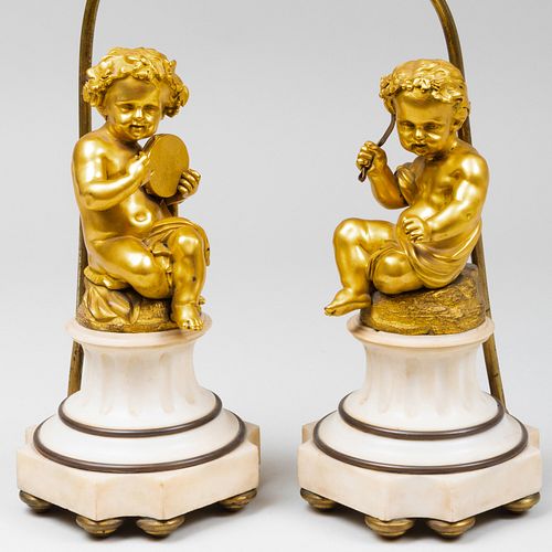 Pair of Gilt Bronze and Marble Figural Putti Lamps