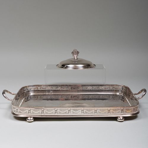 Silver Plate Two Handle Tray and a Dish Cover