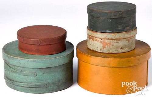 Five painted bentwood pantry boxes, 19th c., large