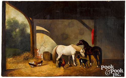 Oil on canvas stable scene, 19th c.