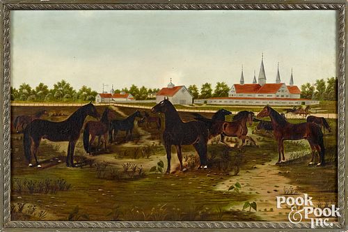 American oil on canvas of a horse farm, 19th c.
