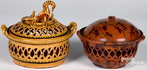 Two Greg Shooner redware reticulated covered bowls