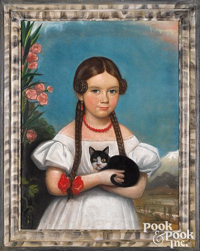 Pastel portrait of a young girl with cat, 19th c.