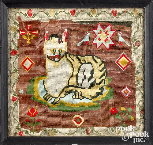 Needlework cat, 19th c., 11 1/2" x 12".