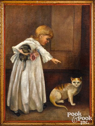 Oil on burlap of a young girl with doll and cats