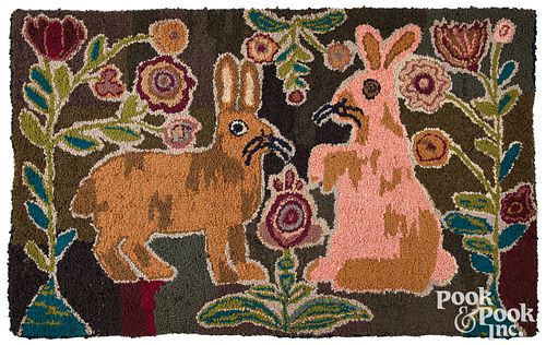 American hooked rug, 20th c., with rabbits, 28" x
