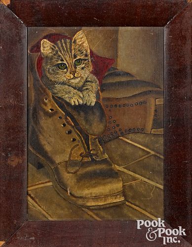 Oil on board of a cat in a boot, late 19th c.