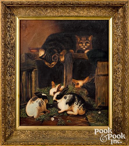American oil on canvas of cats and rabbits