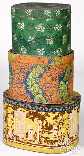 Three wallpaper hat boxes, mid 19th c.