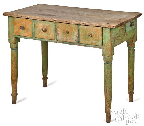 Painted oak work table, 19th c., retaining an old