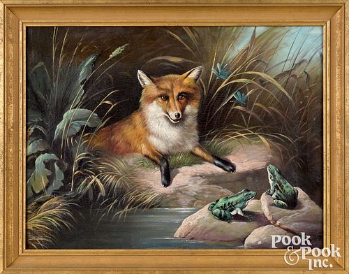 Oil on canvas fox and frog at a stream
