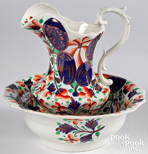 Gaudy Welsh pitcher and basin, 10 3/4" h., 4 1/4"