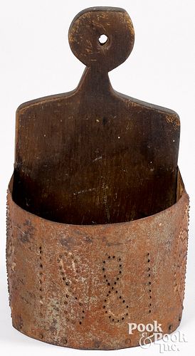 Pine and tin hanging wall box, dated 1881