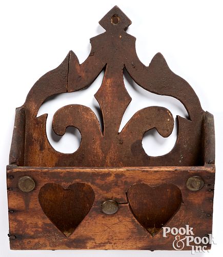 Stained pine hanging wall box, 19th c.