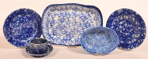 Lot of Five Blue Sponge Decorated China.