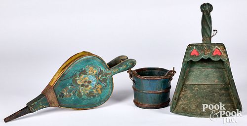 Painted bellows, 19th c., together with a wooden s