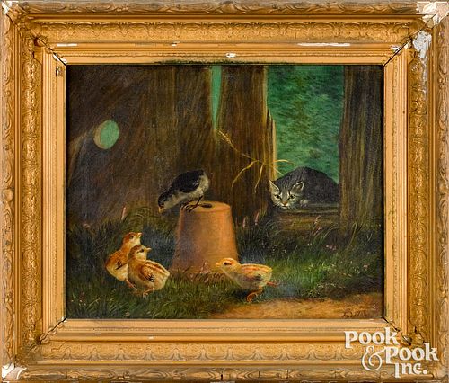 Oil on canvas of four chicks and a cat, ca. 1900