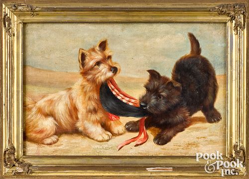 Oil on canvas of two Scotch terrier puppies