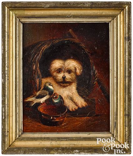 Oil on canvas of a dog and two pigeons, dated 1876