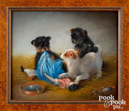 Pastel of three puppies and a doll, late 19th c.