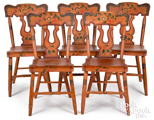 Five Pennsylvania painted plank seat chairs