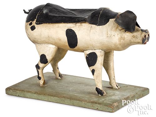 Carved and painted pig pull toy, 19th c.