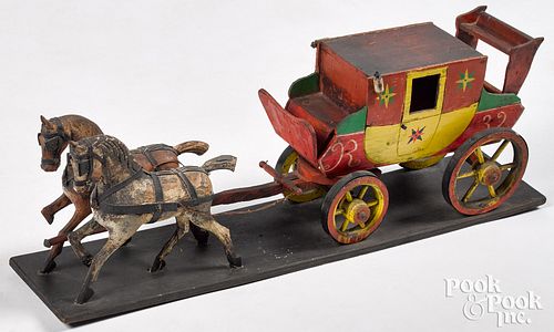 Folk art painted wood horse and carriage team