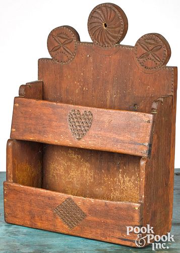 Stained pine hanging wall box, early 19th c.