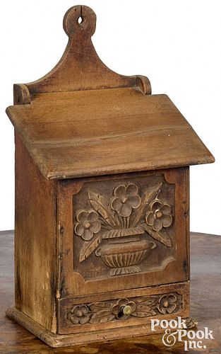 English carved pine hanging box, 19th c., the fron
