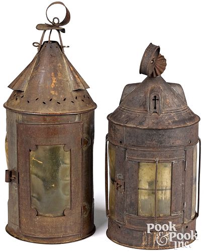 Two tin lanterns, 19th c., with mica shades, 18" h