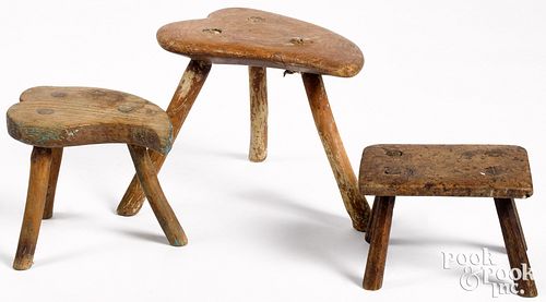 Three English burl and yewwood stools