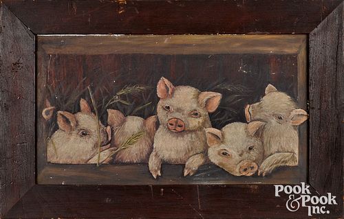 Oil on panel of five piglets, late 19th c.