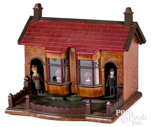 Painted rounder house model, ca. 1900, 11" h., 11