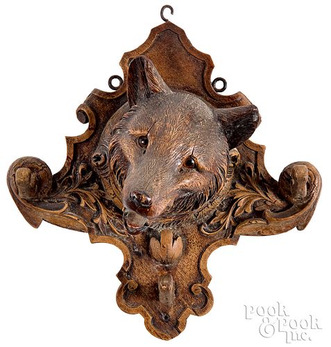 Black Forest carved wolf head wall plaque