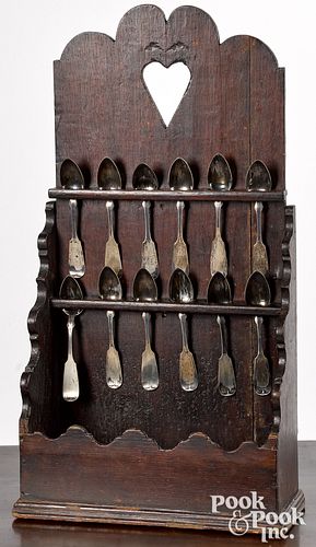 English oak hanging spoon rack and spoons