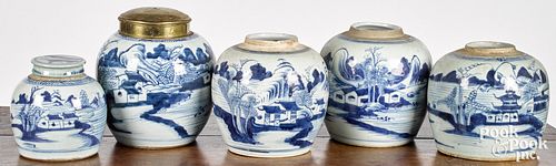 Five Chinese export blue and white ginger jars
