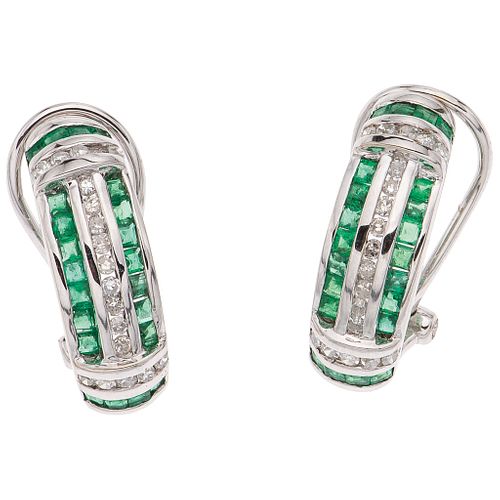 PAIR OF EARRINGS WITH EMERALDS AND DIAMONDS IN 14K WHITE GOLD Square cut emeralds ~0.70 ct and 8x8 cut diamonds ~0.37 ct