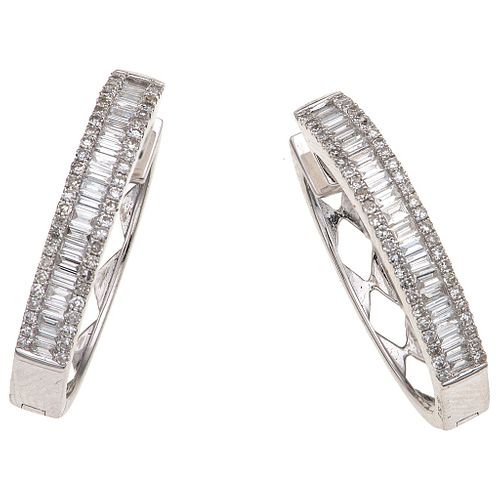 PAIR OF EARRINGS WITH DIAMONDS IN 18K WHITE GOLD 8x8 and baguette cut diamonds ~1.0 ct. Weight: 6.2 g