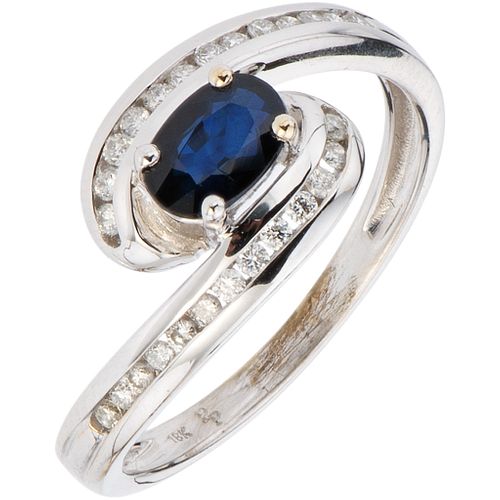 RING WITH SAPPHIRE AND DIAMONDS IN 18K WHITE GOLD 1 Oval cut sapphire ~0.40 ct and brilliant cut diamonds ~0.26 ct. Size: 6 ¾