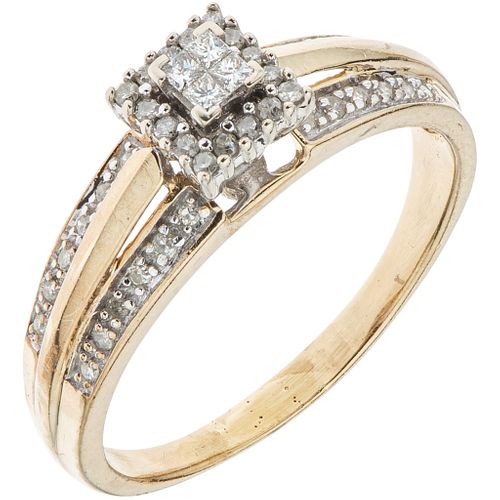 RING WITH DIAMONDS IN 10K YELLOW GOLD Princess and 8x8 cut diamonds ~0.35 ct. Weight: 3.7 g. Size: 9 ¾