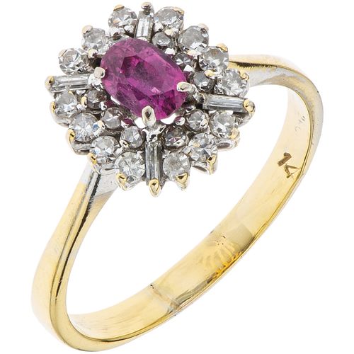 RING WITH RUBY AND DIAMONDS IN BASE METAL 1 Oval cut ruby ~0.25 ct and 8x8 and baguette cut diamonds ~0.60 ct. Size: 8