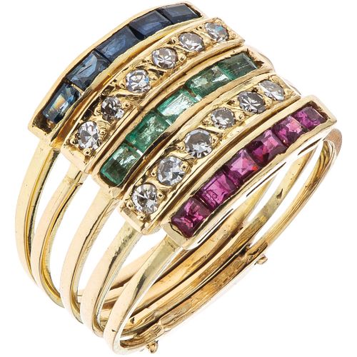 RING WITH EMERALDS, RUBIES, SAPPHIRES AND DIAMONDS IN 14K YELLOW GOLD Rectangular cut precious gemstones ~0.60 ct and diamonds