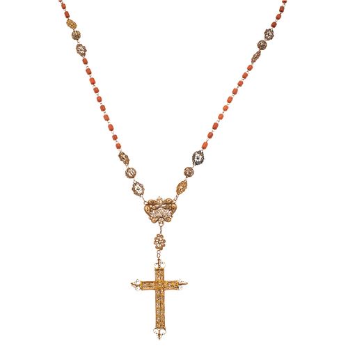 ROSARY WITH CORALS IN 8K YELLOW GOLD AND BASE METAL Weight: 47.7 g