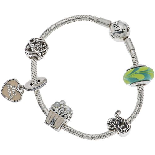 BRACELET IN .925 SILVER, PANDORA 5 charms with resin and glass  applications. Weight: 28.0 g for sale at auction on 30th June | Bidsquare