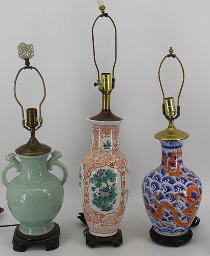 3 Vintage Chinese Porcelain Lamps.