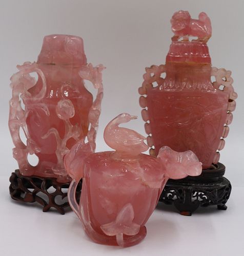 (3) Carved Chinese Rose Quartz Lidded Vessels.