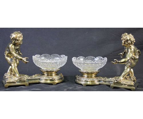 PAIR OF 19th C. SILVERED BRONZE FIGURES WITH BOWLS